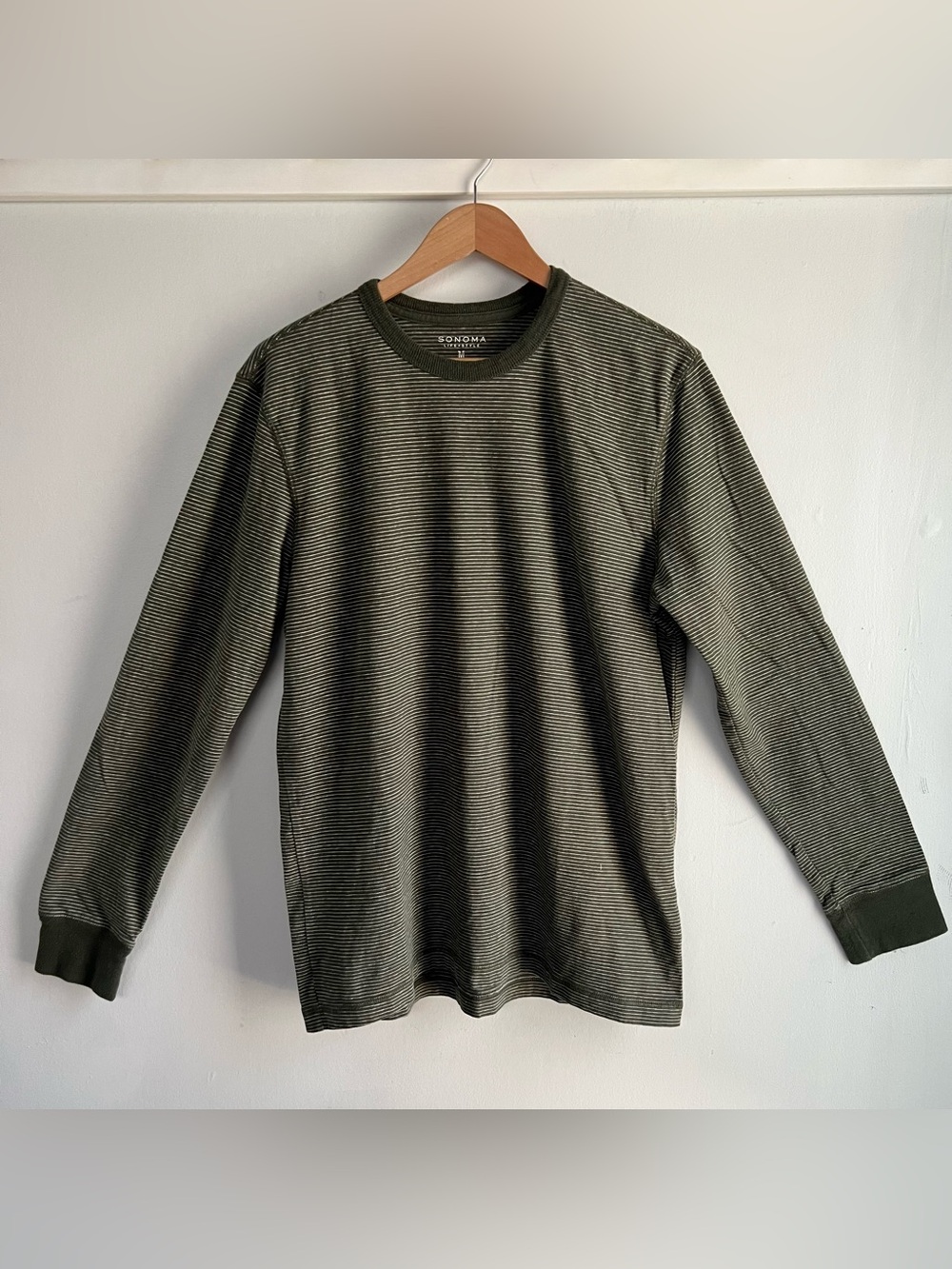 Sonoma Men’s M Medium Green Striped Long Sleeve T-Shirt 100% Cotton